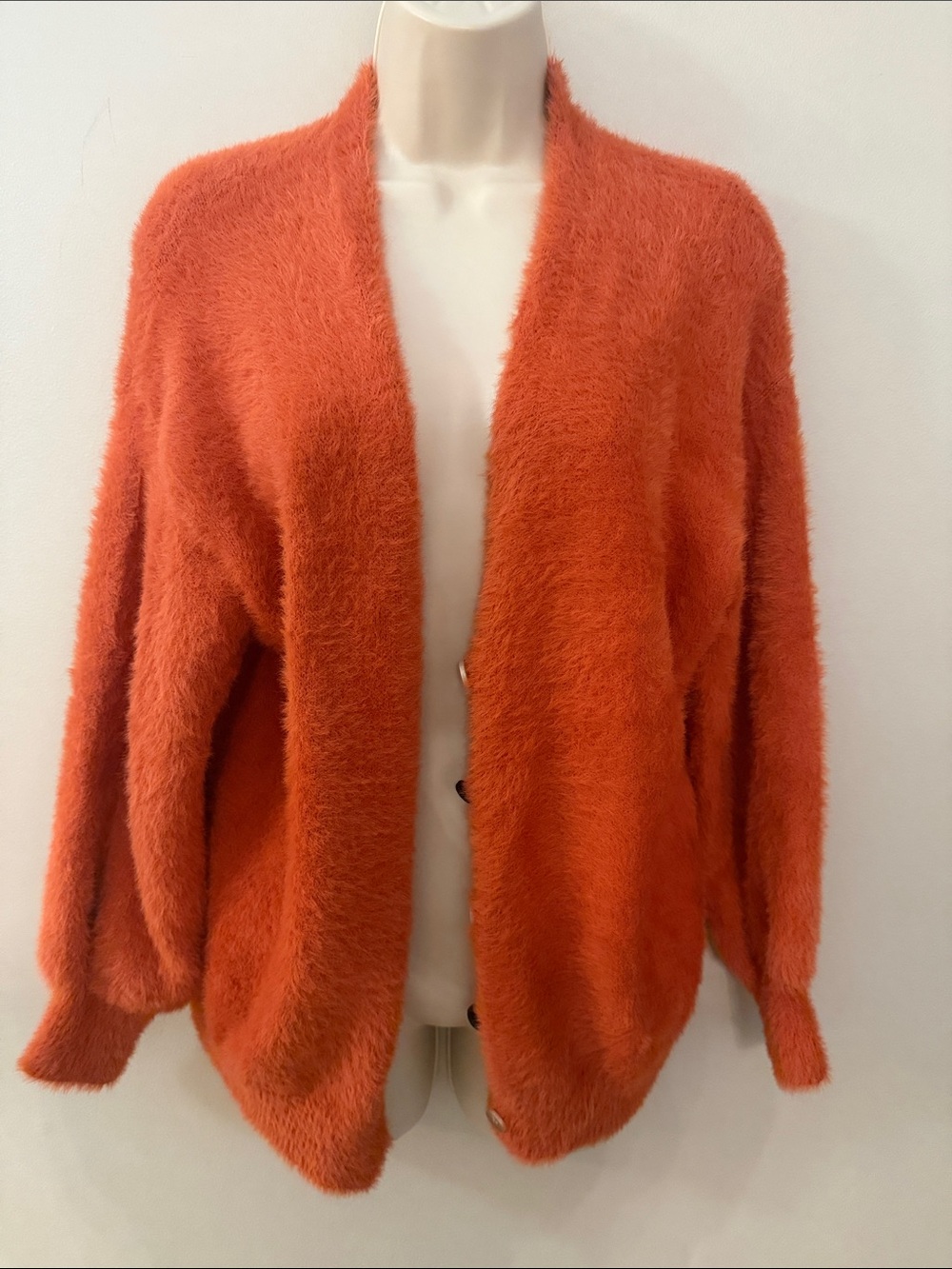 Moon River Cozy Fuzzy Open-Front Cardigan in Bright Fall Orange so small